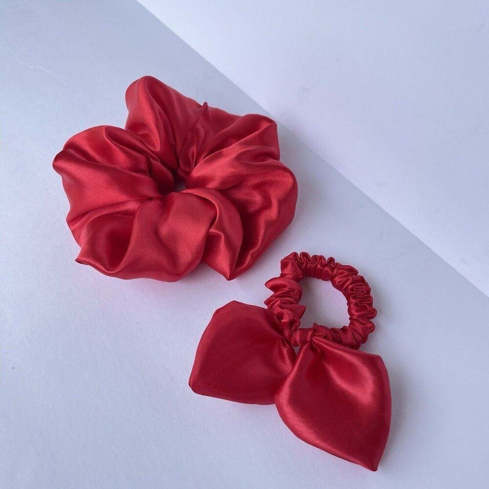 2 New Satin Scrunchie Hair Tie Red